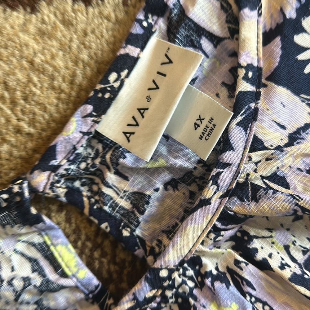 (C) Women’s 4X AVA & VIV Purple Navy Floral Patterned Dress puffy short sleeves - Picture 4 of 8